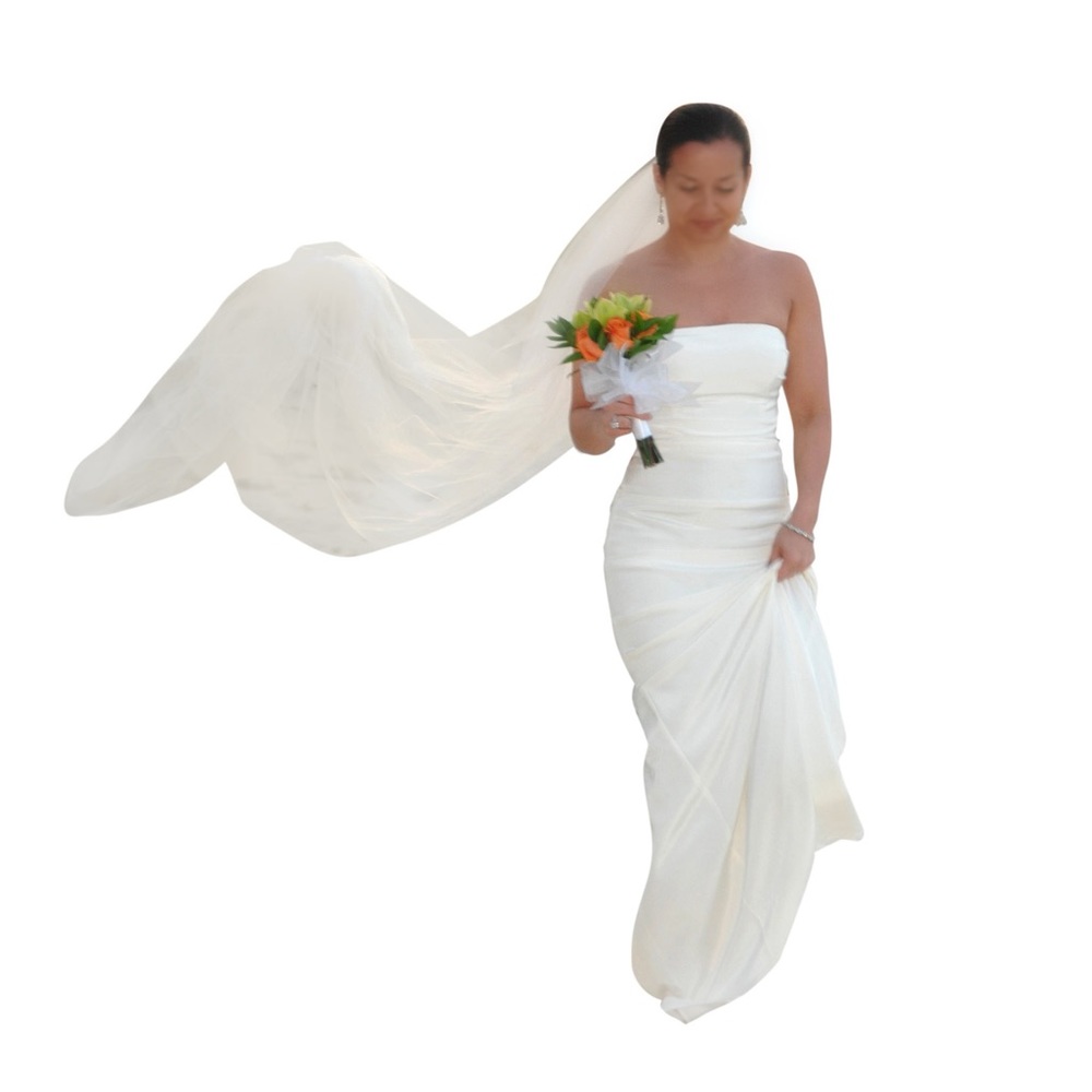 Nicole Miller Silk strapless/pintucked Wedding Dress. Incl Veil.